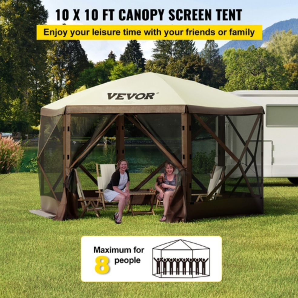 Paviljongtält med skärm, 3 x 3 fot, 6-sidigt uppfällbart campingtak