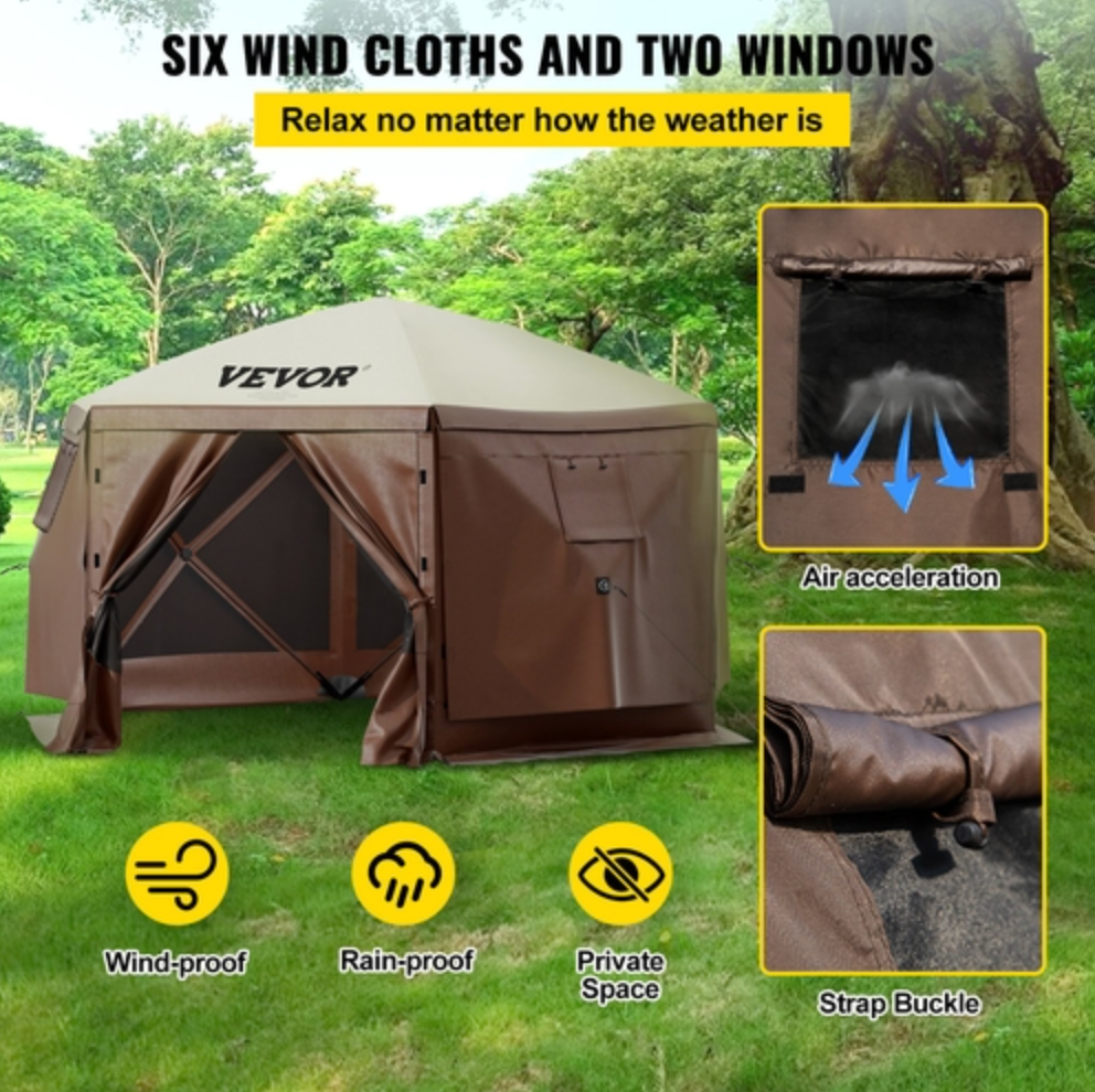 Paviljongtält med skärm, 3 x 3 fot, 6-sidigt uppfällbart campingtak