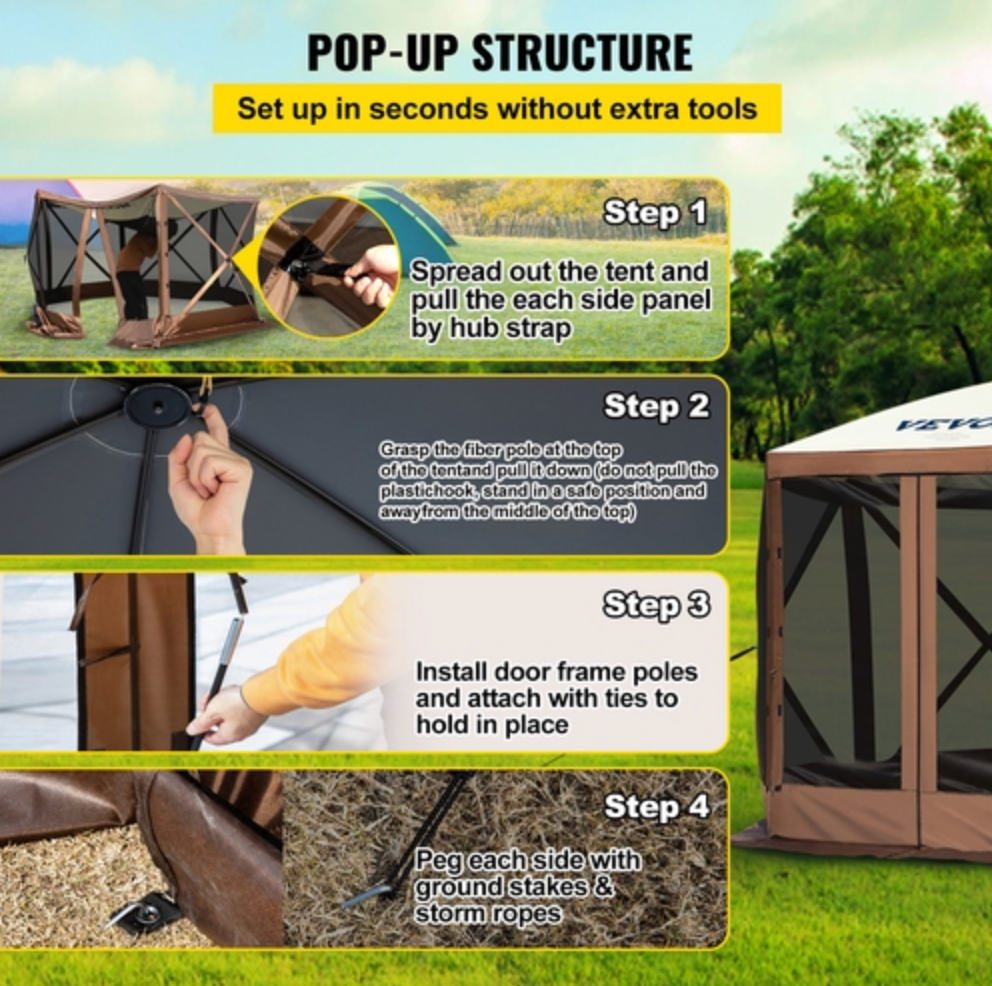 Paviljongtält med skärm, 3 x 3 fot, 6-sidigt uppfällbart campingtak