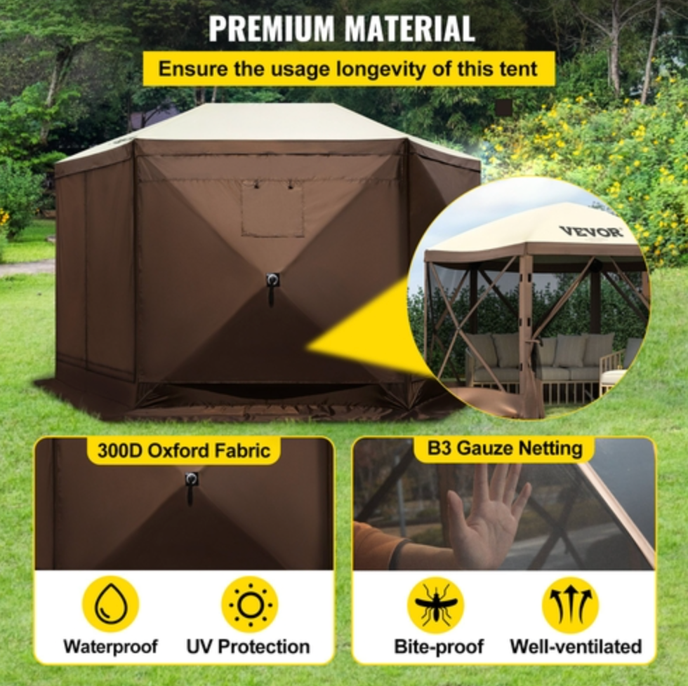 Paviljongtält med skärm, 3 x 3 fot, 6-sidigt uppfällbart campingtak