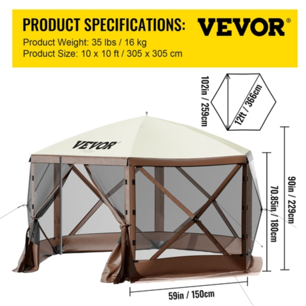 Paviljongtält med skärm, 3 x 3 fot, 6-sidigt uppfällbart campingtak